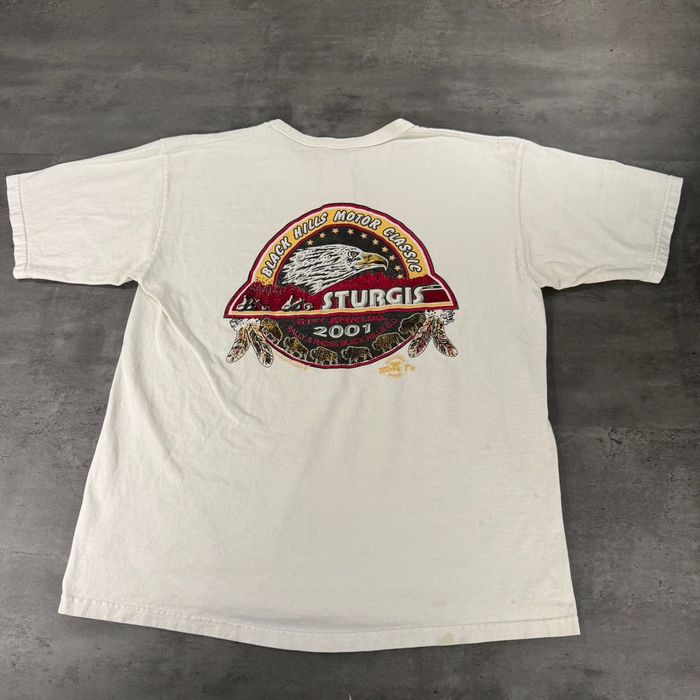 Vintage Sturgis Henley T Shirt Adult L 2001 Black Hills Motor Classic White EUC